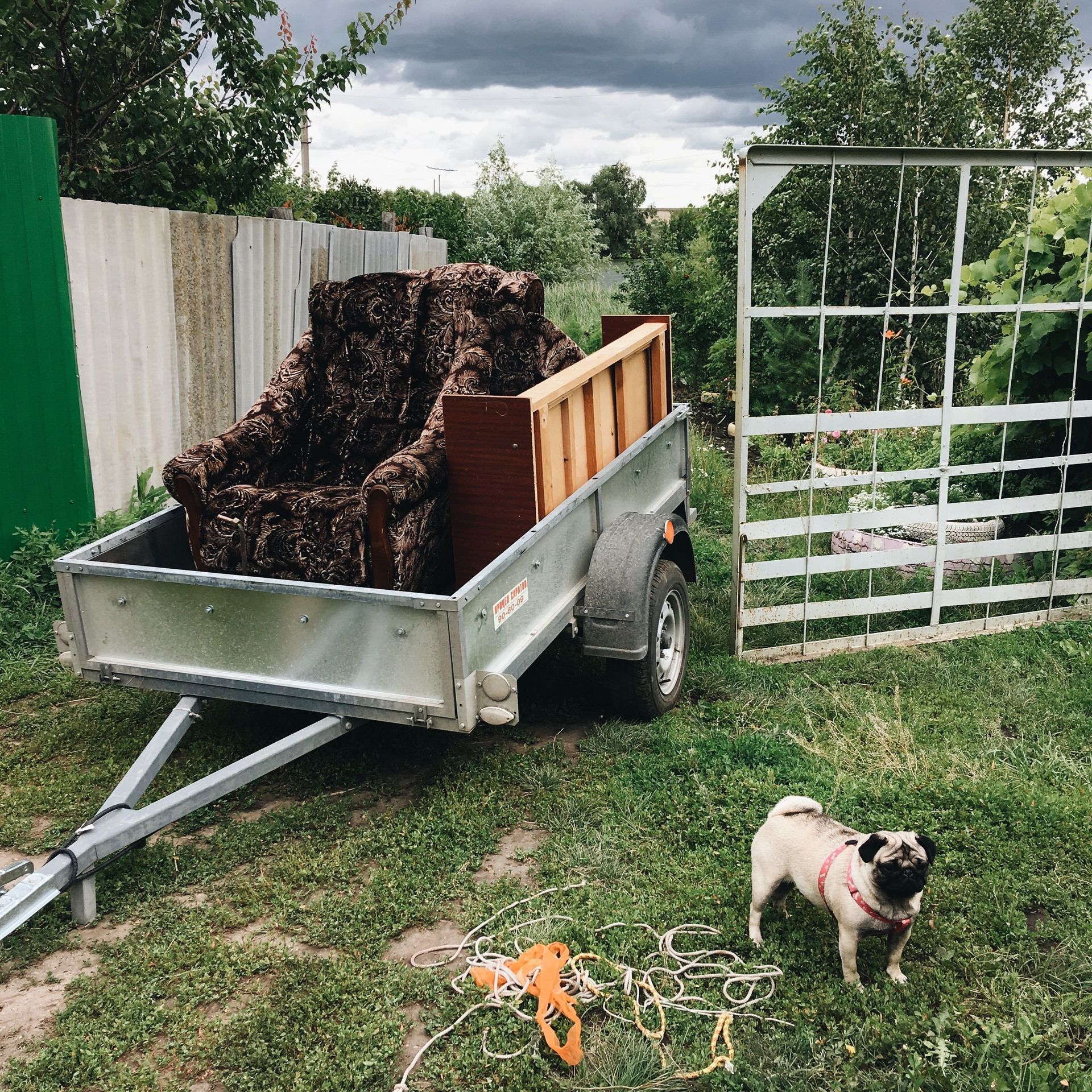 A rural setting with a trailer, vintage armchair, and a pug surrounded by greenery.